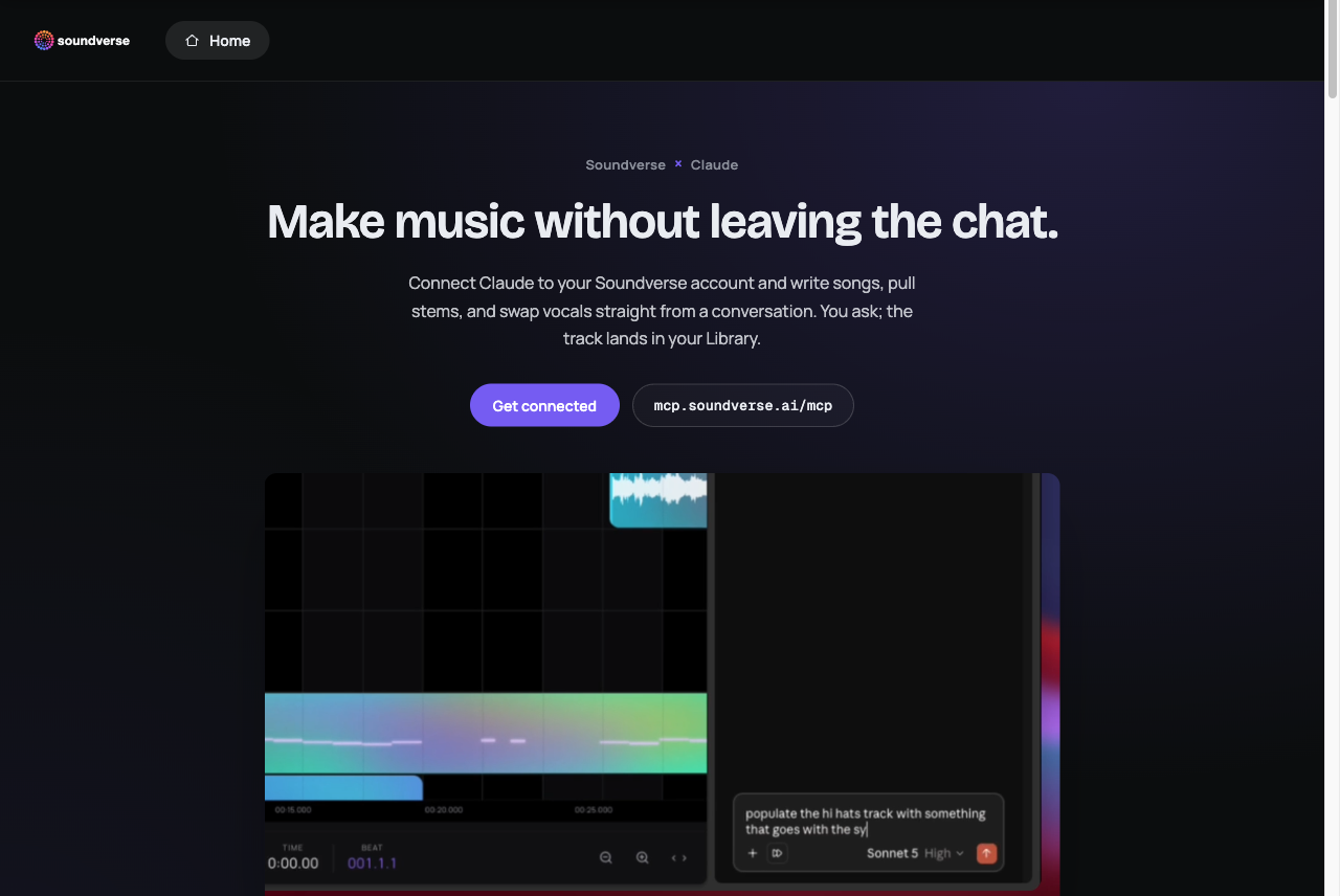 Soundverse for Claude setup page at soundverse.ai/mcp